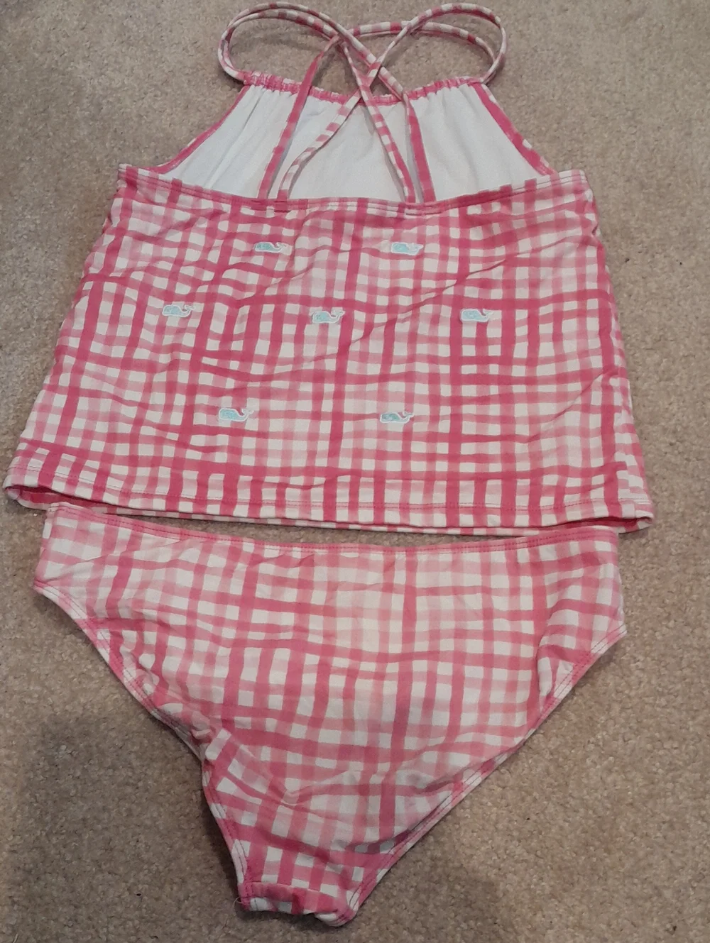 Vineyard Vines Girls White And Pink Checkered Tankini Set, Girls Size L